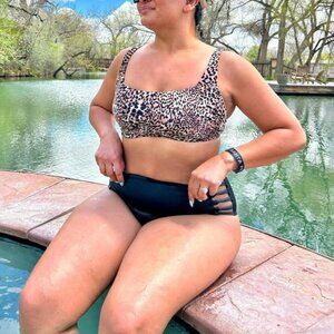 Kona Sol Women Leopard Print Square Neck Bikini‎ Top Bralette Tan Brown S
